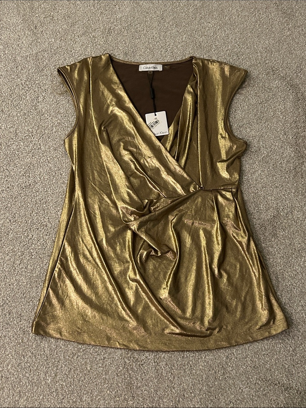 Calvin Klein Gold Metallic Wrap-Front Sleeveless Top size Medium NWT